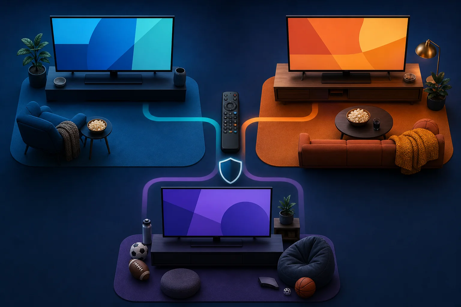 Concept illustration of three blank television setups connected by colored comparison paths