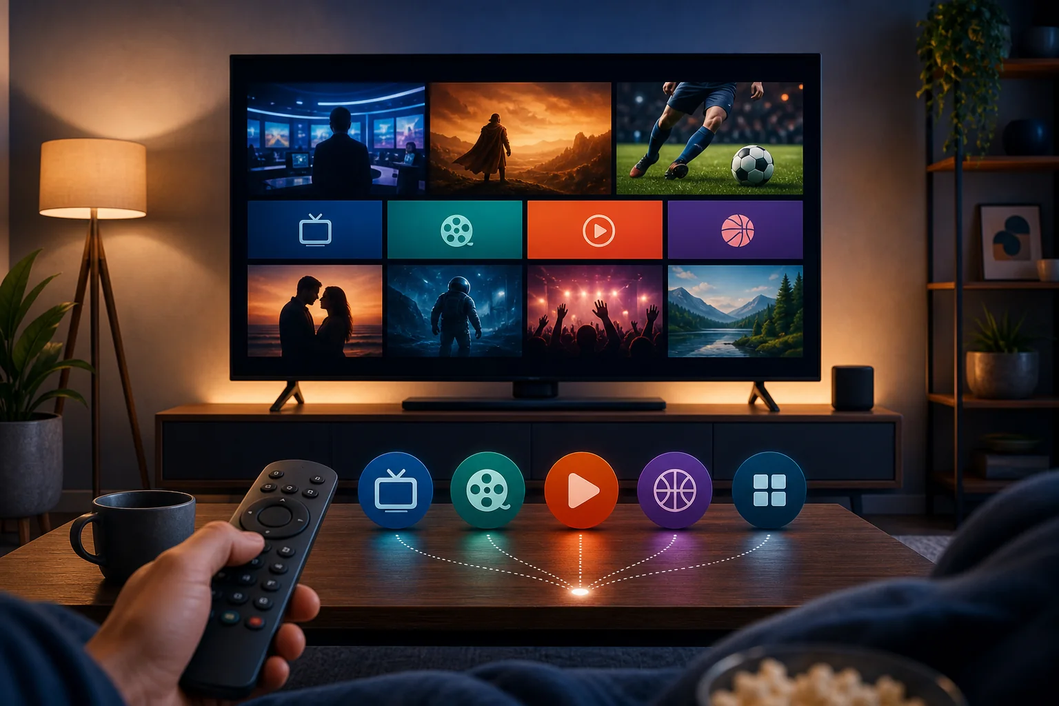 Concept illustration of a viewer choosing among live TV, movie and sports streaming options