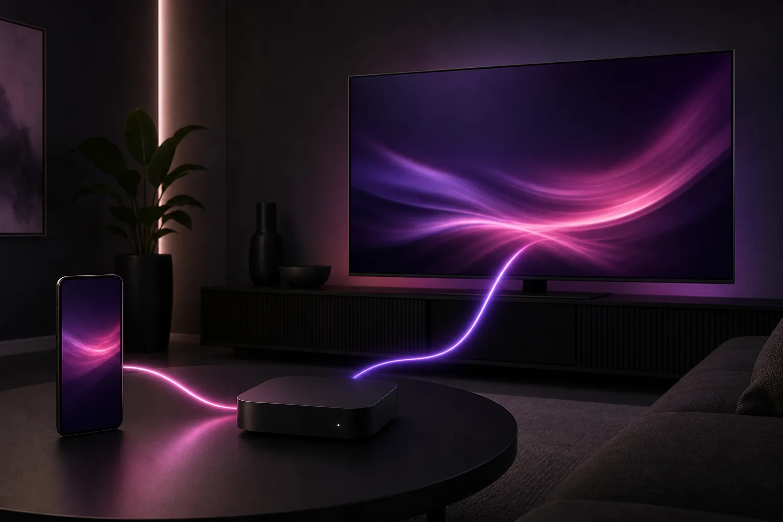 Illustrazione concettuale di un’app streaming che collega telefono Android, TV box e televisore