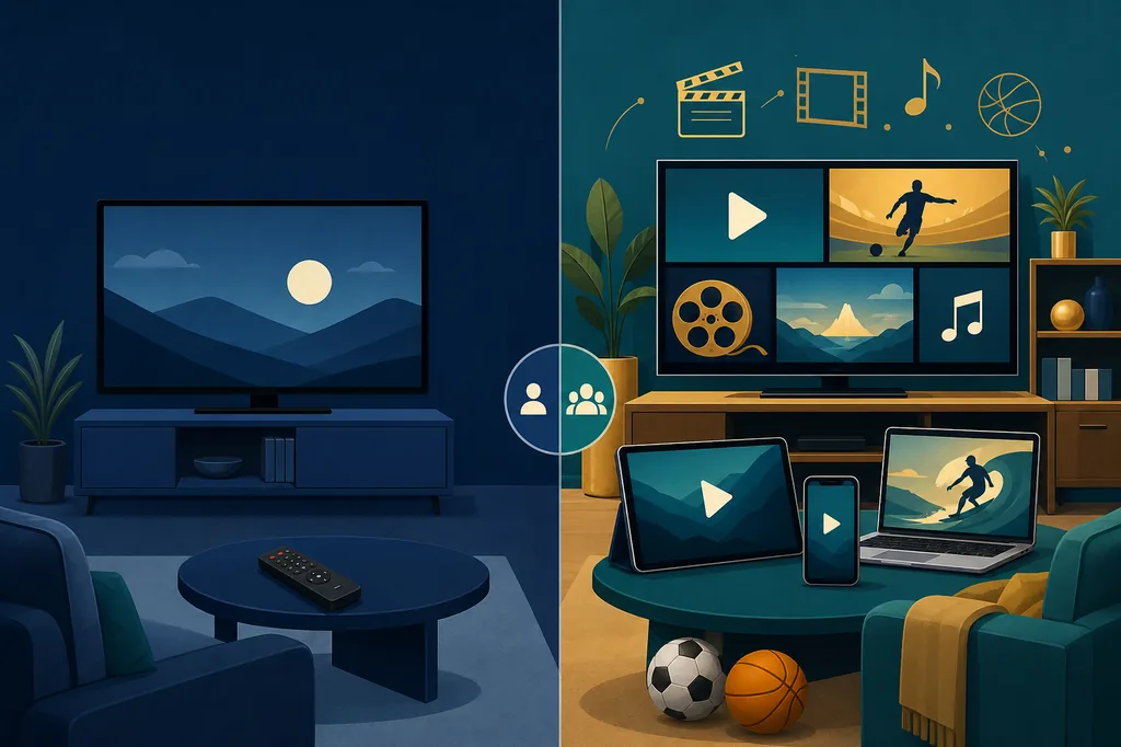 Ilustração editorial com uma televisão de um lado e várias telas com símbolos de conteúdo do outro
