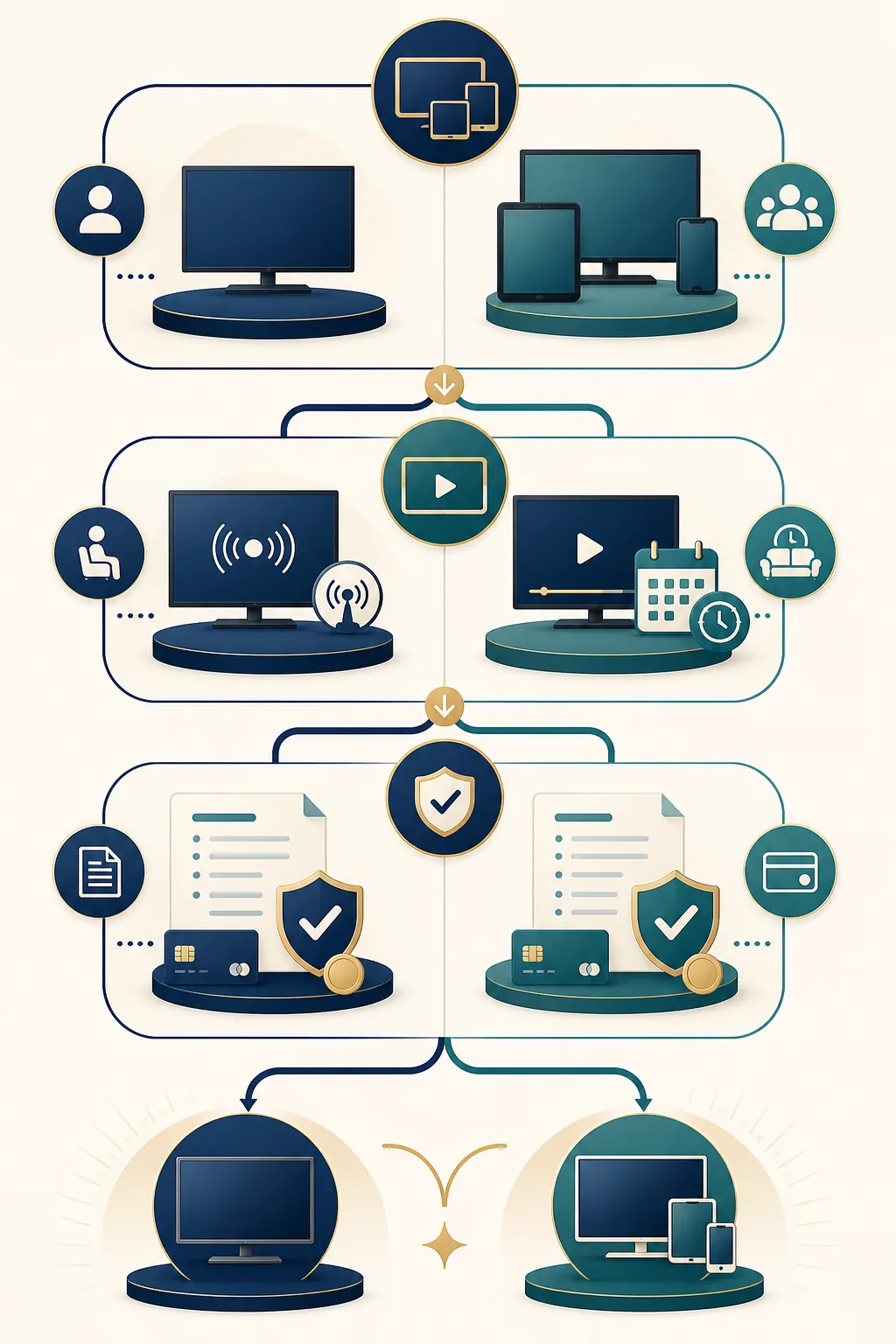 Ilustração editorial de fluxo de decisão com dispositivos, reprodução e verificação do plano