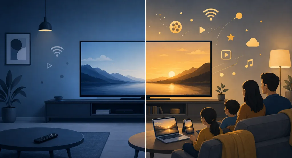 Ilustração editorial contrastando uma televisão simples com uma configuração de visualização em vários dispositivos
