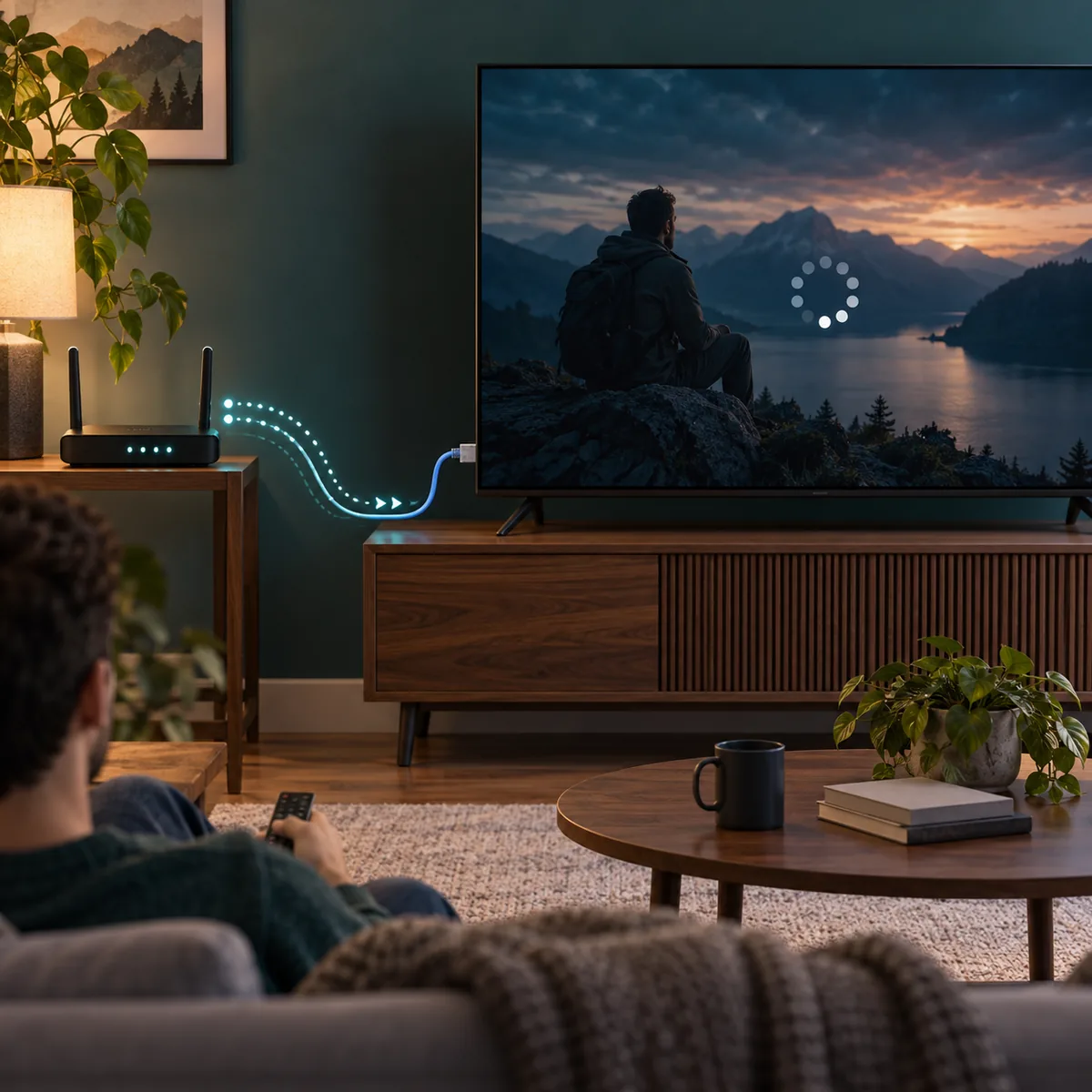 공유기와 연결을 확인하는 동안 버퍼링되는 Android TV 일러스트