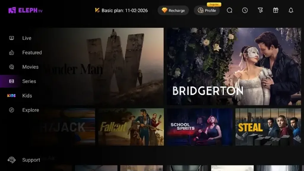 Schermata iniziale di Eleph TV dopo l'avvio, con navigazione e aree dei contenuti