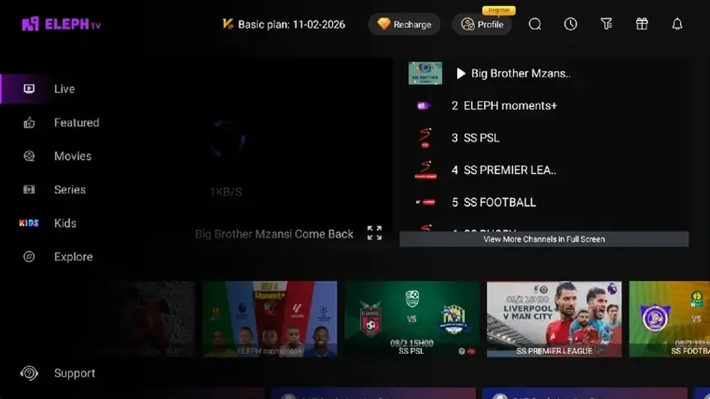 Schermata di riproduzione live di Eleph TV, uno stato raggiunto dopo l'avvio dell'app
