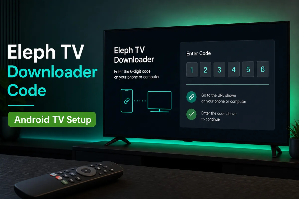 Pantalla de configuración del código Downloader de Eleph TV en Android TV con control remoto