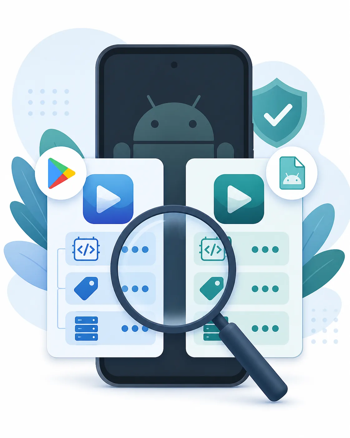 Editorial illustration of checking an Android app identity between a store listing and an APK package
