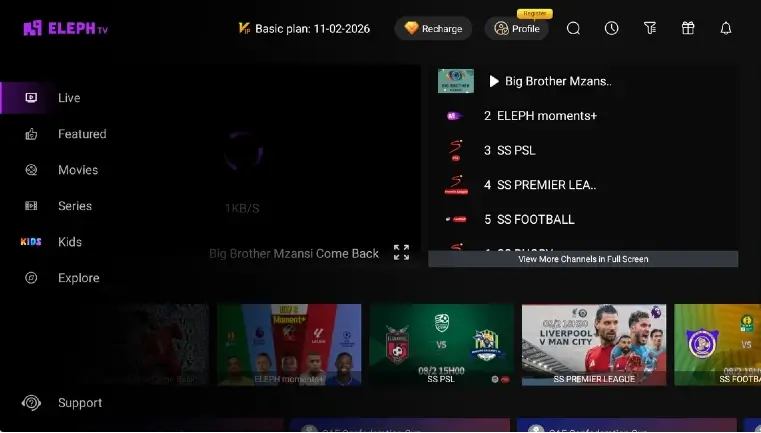 Inhaltskategorien und Navigation von Eleph TV APK